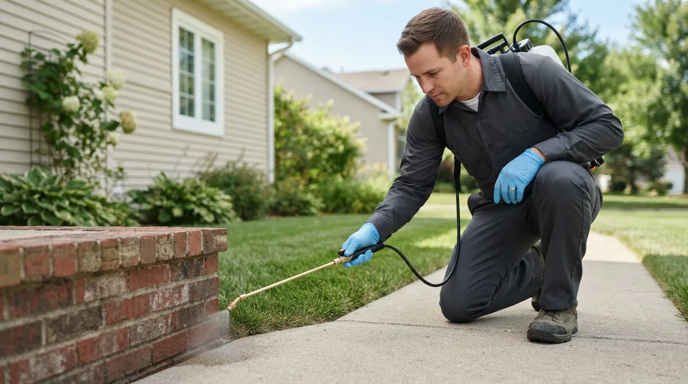 Pest control technician treating a home near Franklin Grove, IL