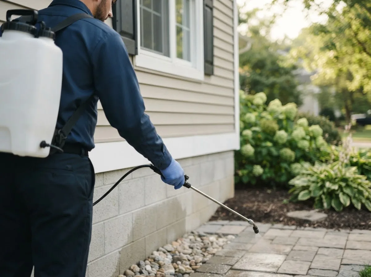 Pest control technician inspecting a home in Franklin Grove, IL